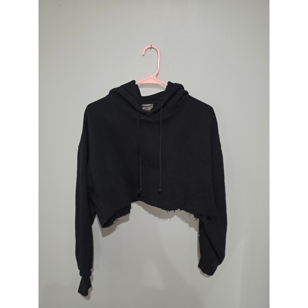 YoungLA Black Cropped Hoodie Raw Hem Distressed Sweatshirt Womens XL